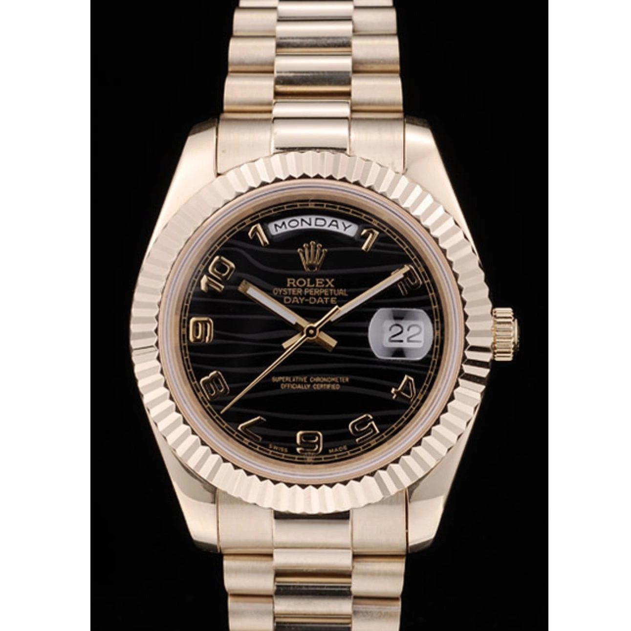 Good Copy Rolex Watches Rolex Steel 41998 Dial Swiss DayDate Ribbed Black Stainless Bezel Gold 0703